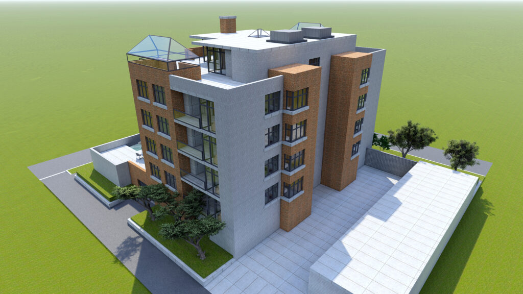 Small functional condominium with its own enclosed area, garage and swimming pool. Area with umbrellas for relaxing in warm weather. Summer Sunny day with small clouds. 3d rendering
