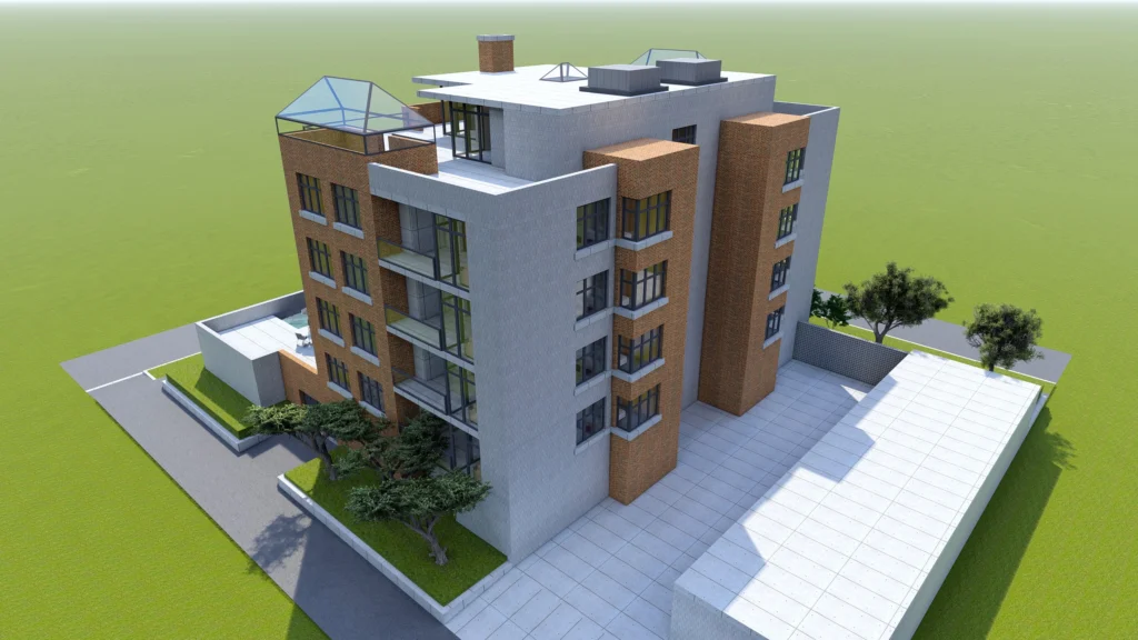 Small functional condominium with its own enclosed area, garage and swimming pool. Area with umbrellas for relaxing in warm weather. Summer Sunny day with small clouds. 3d rendering
