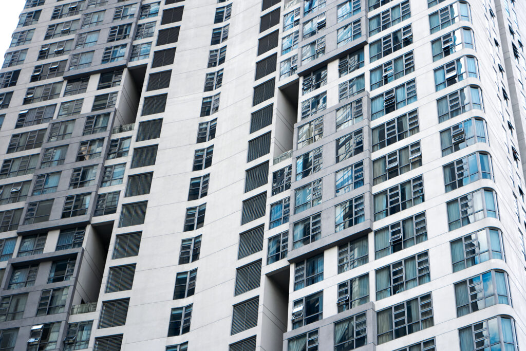 View from the bottom on the high residential building.