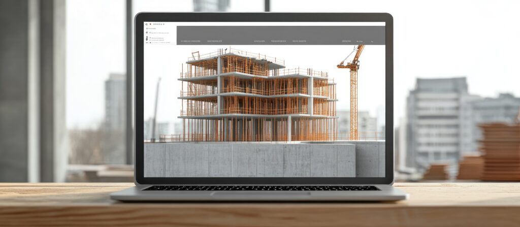A laptop screen displaying a 3D rendering of a building design, while a real-world construction site is visible through the window.. --ar 16:7 --v 6.1 Job ID: ae1336a0-a48d-4839-a6f3-30c14c766858