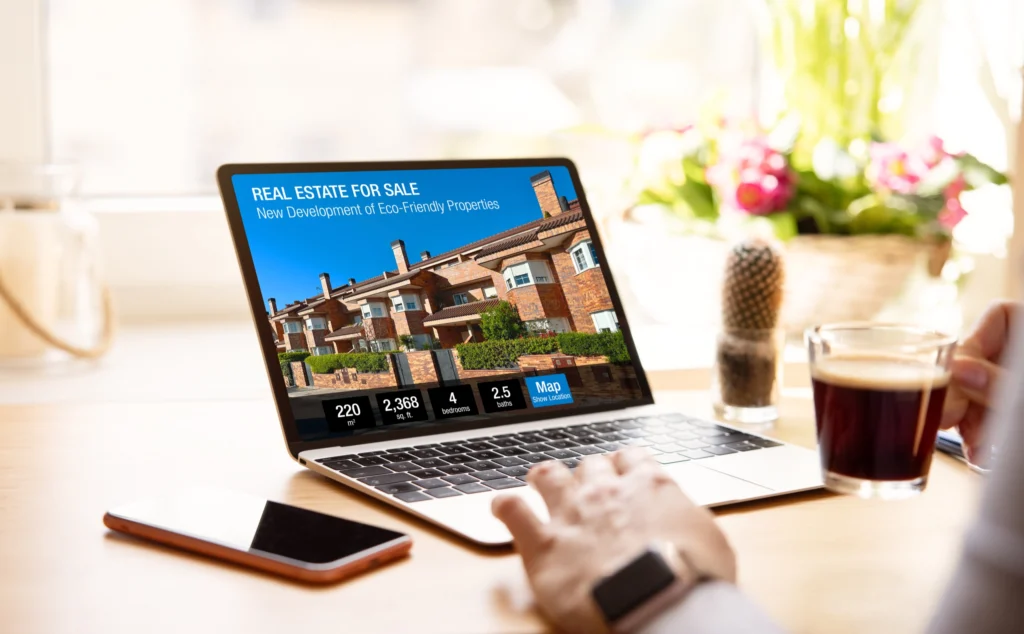 Woman searching online for a new real estate to buy