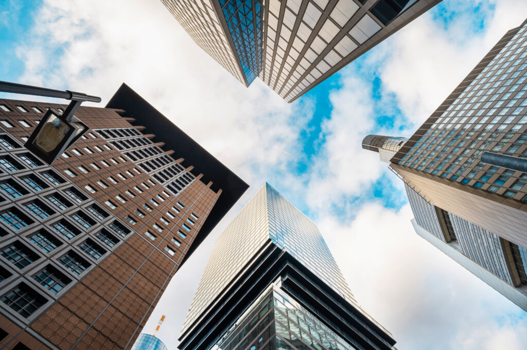 Cityscape of Frankfurt downtown, Germany. Multiple skyscrapers. Bottom-up view